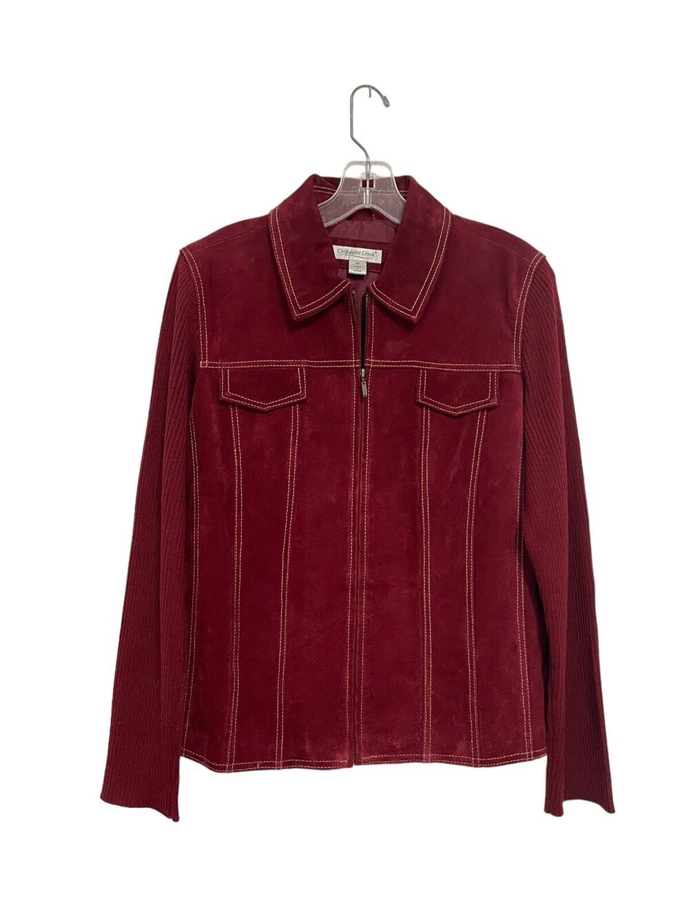 Vtg 90’s Coldwater Creek Red Suede Leather Knit Sleeve Zip Up Jacket Womens 10